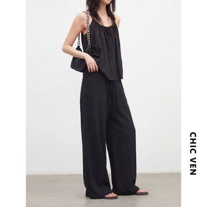CHIC VEN New Women Pants Solid Loose Casual Wide Leg Pant  Elastic Waist Female Thin Trousers Pleated Spring Summer 2026