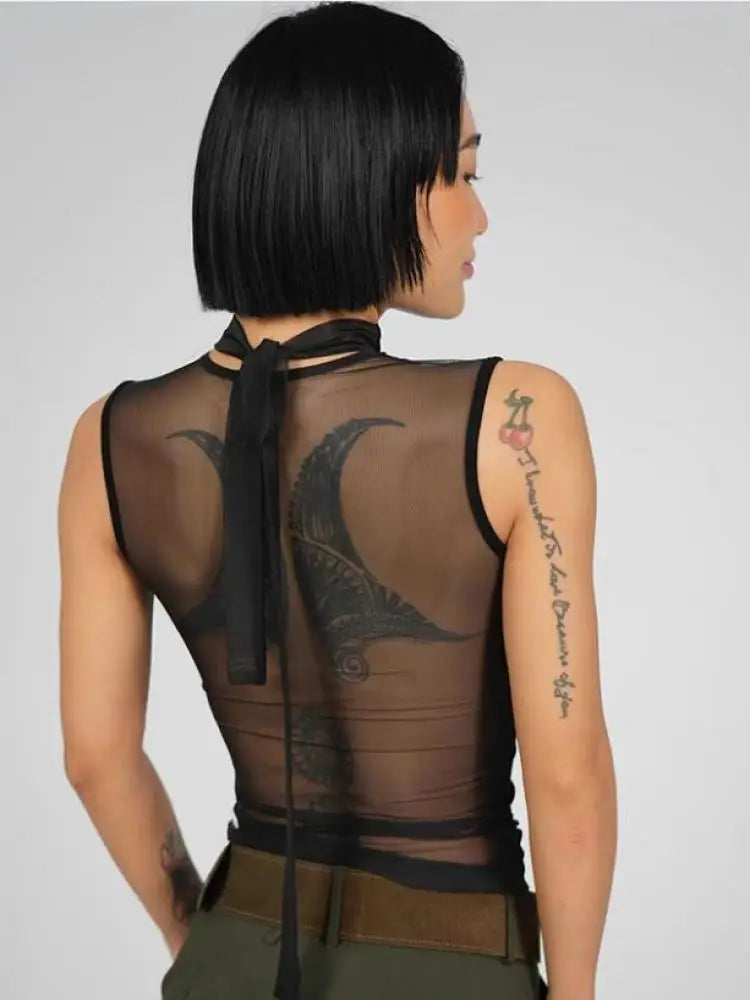Yedinas Black Back Sheer Summer Tank Tops Sexy Sleeveless Tees Original Design Tanks Slim Korean Fashion Chic 2000s Clothes Y2k