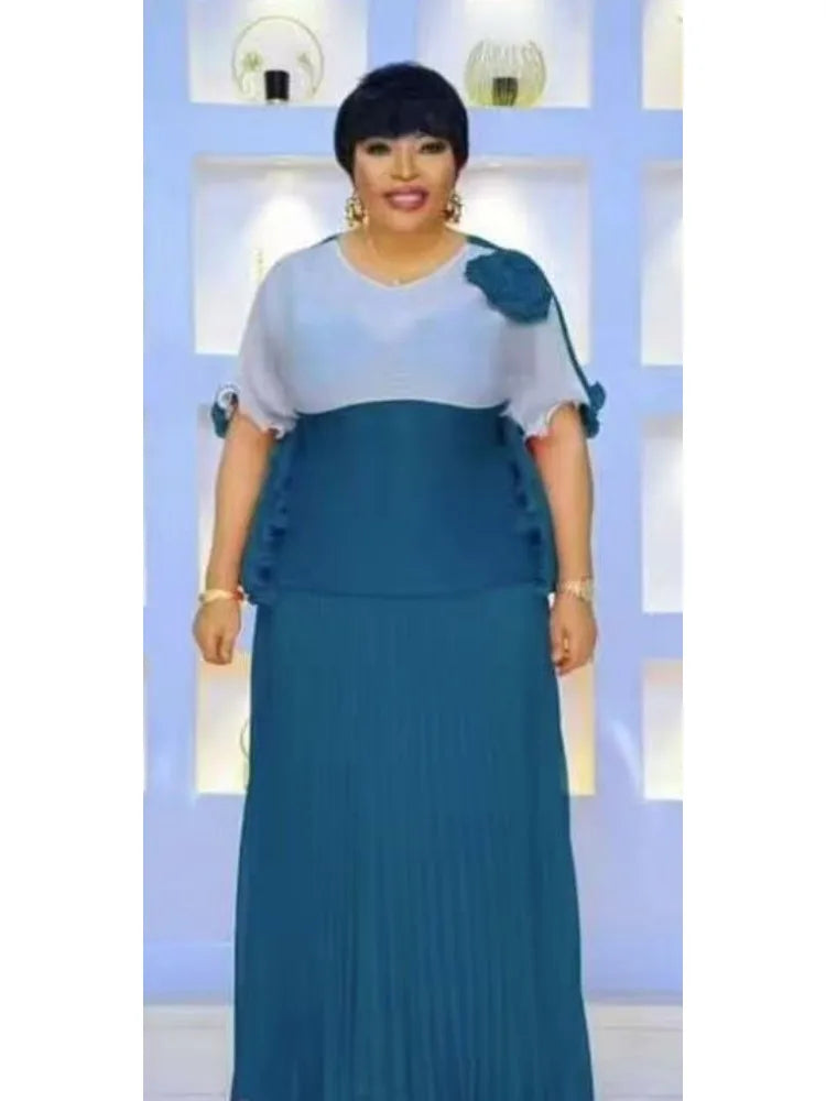 2025 New Casual Suit Women's Two-piece Set Miyake Pleated Skirt + Color Matching Top Loose Long Skirt Set