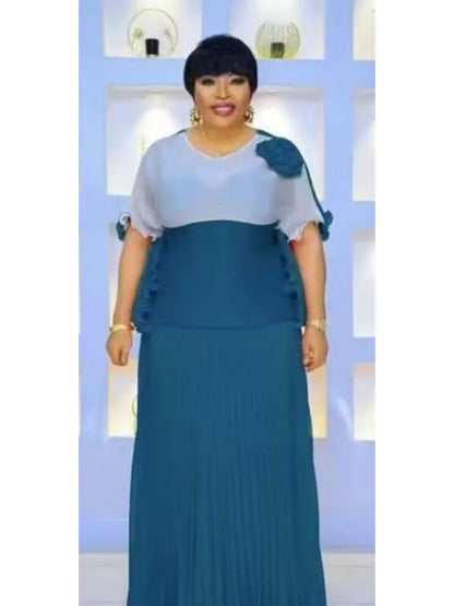 2025 New Casual Suit Women's Two-piece Set Miyake Pleated Skirt + Color Matching Top Loose Long Skirt Set