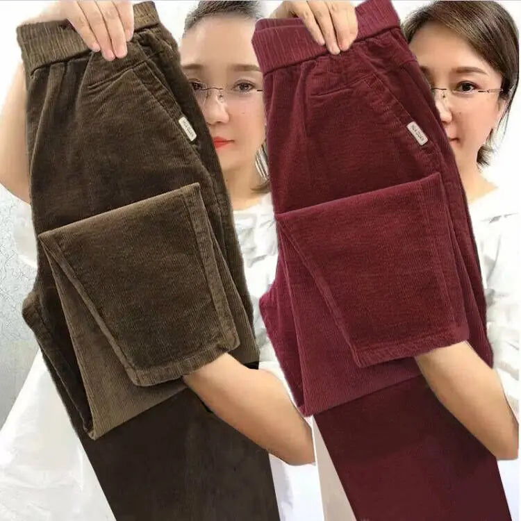 Autumn Winter Thickened Corduroy Casual Harlan Pants for Mom High Waist Loose Fit Straight Leg Casual Outerwear Polyester Fiber