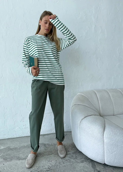 Bornladies 2025 Summer Long Sleeve Striped T-Shirts Women Basic Casual Tops Female Cozy Loose Cotton Tees Harajuku T Shirt New
