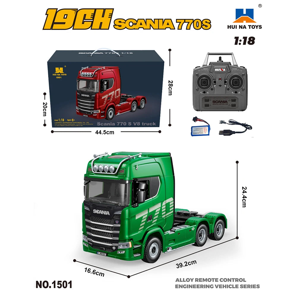 HUINA 1/18 19CH RC Truck 1501 770S Alloy Tractor 2.4G Remote Control Engineering Trailer Truck with Light and Sound Toys