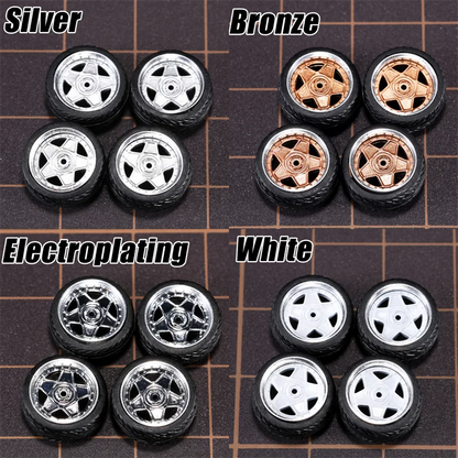 1/64 Model Car Wheels 4 Sets-11mm Diameter ABS Rubber Tires with Brake Disc-Upgrade Parts for Tomica Hot Wheels Diecast Vehicles