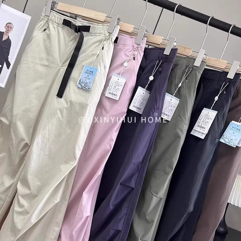 Lightweight Breathable Quick-Dry Paratrooper Pants Women's Casual Loose Fit Sunscreen Waist Cord Trousers Korean Style High W...