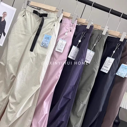 Lightweight Breathable Quick-Dry Paratrooper Pants Women's Casual Loose Fit Sunscreen Waist Cord Trousers Korean Style High W...