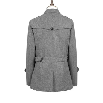 Gray Autumn Winter Men's Woolen Coat Jacket Mid-Length Double-Breasted with Belt British Style Large Size Windbreaker