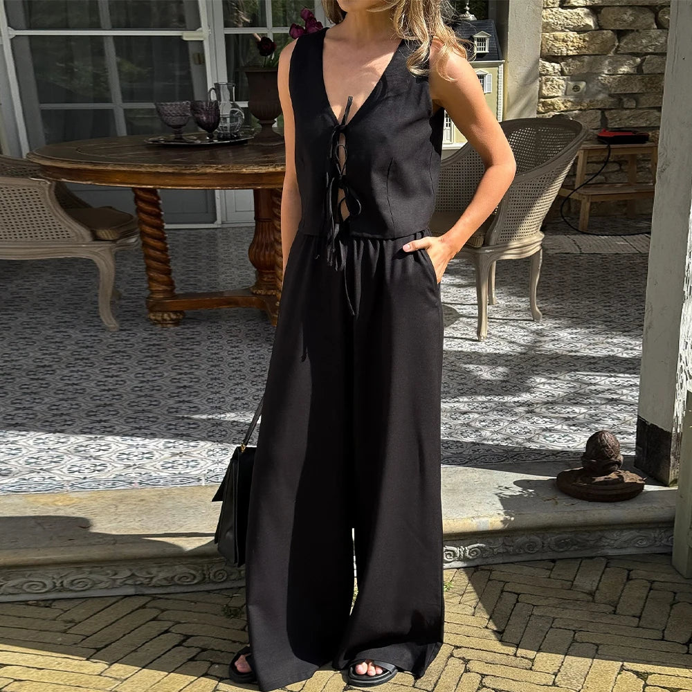 Blubelle Women's Two-piece Outfit 2026 New Design with Lace Up Sleeveless Vest and Wide Leg Pants Summer Matching Set