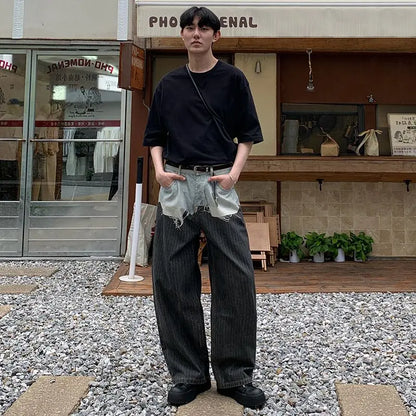 AC-style loose straight-leg jeans with patchwork, 3D printed fake two-piece jeans for men