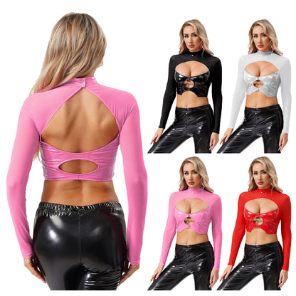Womens Sheer Mesh Leather Patchwork Crop Top Long Sleeve Hollow Out Slim Fit Glossy Blouse Tops for Halloween Party Raves Dance