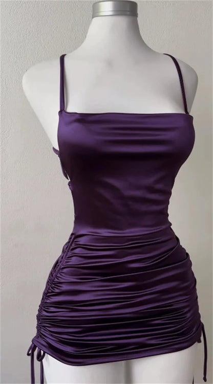 Sexy Satin Lace Up Bodycon Mini Dress Women Sleeveless Backless Party Club Dresses Streetwear Elegant Evening Clothes Black Robe