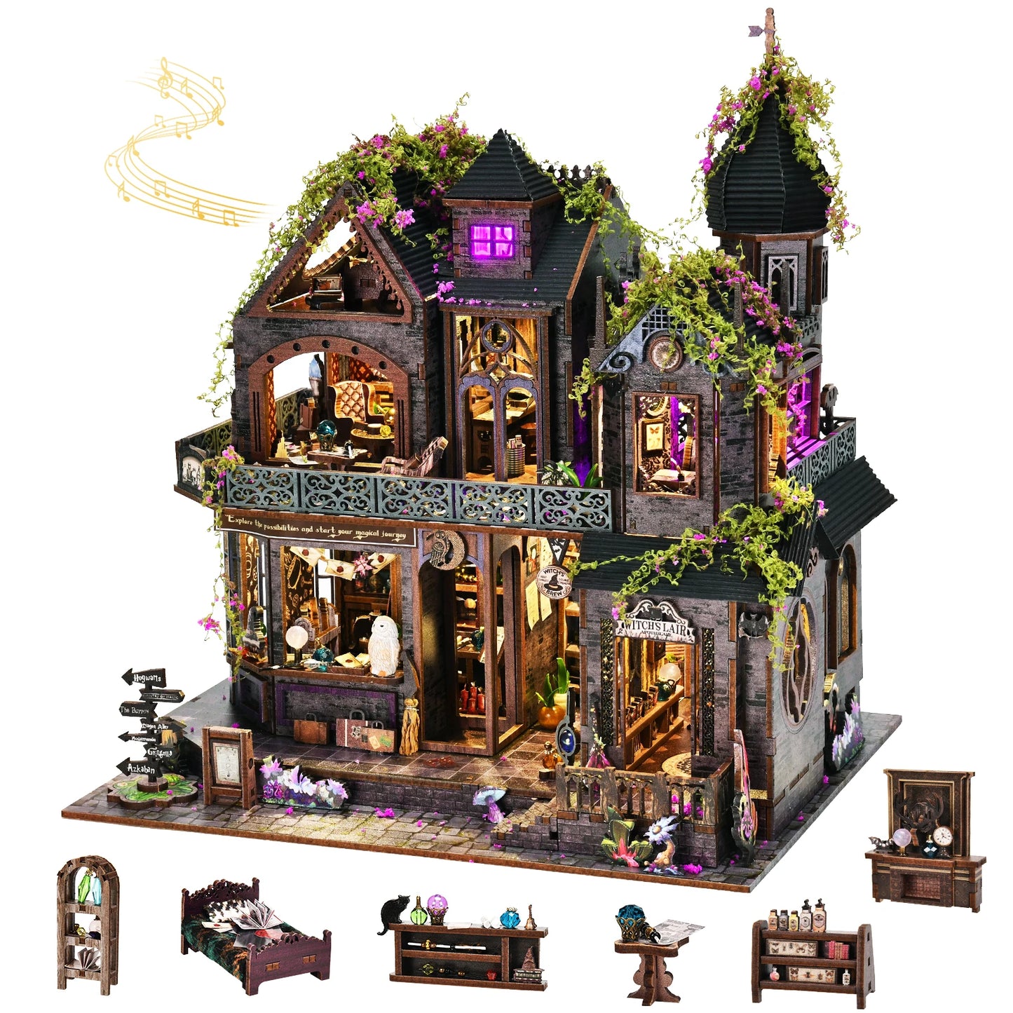 Book Nook Kit Castle of Magic Wooden DIY Dollhouse with Light Dynamic Music Bookshelf Insert 3D Puzzle Decor for Gift