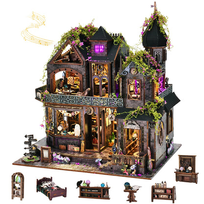 Book Nook Kit Castle of Magic Wooden DIY Dollhouse with Light Dynamic Music Bookshelf Insert 3D Puzzle Decor for Gift