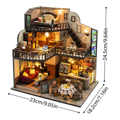 Vintage Coffee Shop DIY Miniature Dollhouse Kit with LED Light 3D Wooden Puzzle Building Kit Full Furniture Creative Craft Gifts