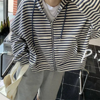 Trendy Striped Lazy Style Long Sleeve Sweatshirt Coat Autumn New Loose Mid-Length Open Cardigan Top Women's Fashion Outerwear