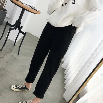 New Simple Warm Pants Women Casual Elastic Waist Pant Autumn Winter Thicken OL Wool Female Pants Loose Lady Trousers Capris