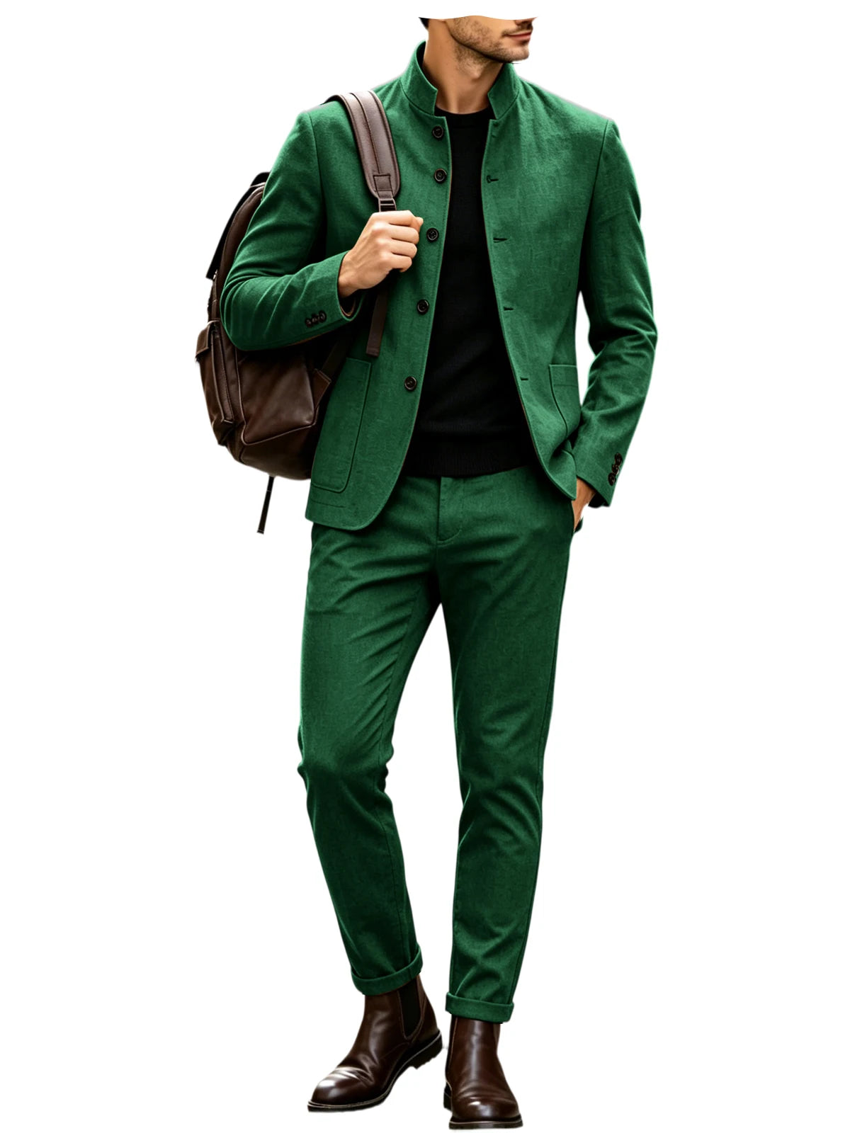Men's Linen Stand Collar Suit 2-Piece Blazer & Pants Set Slim Fit Business Casual Tuxedo Jacket Trousers Formal Wedding Outfit