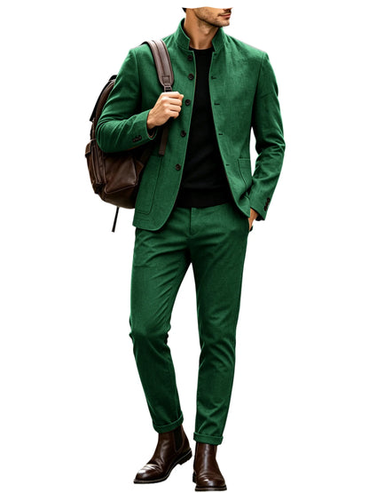Men's Linen Stand Collar Suit 2-Piece Blazer & Pants Set Slim Fit Business Casual Tuxedo Jacket Trousers Formal Wedding Outfit
