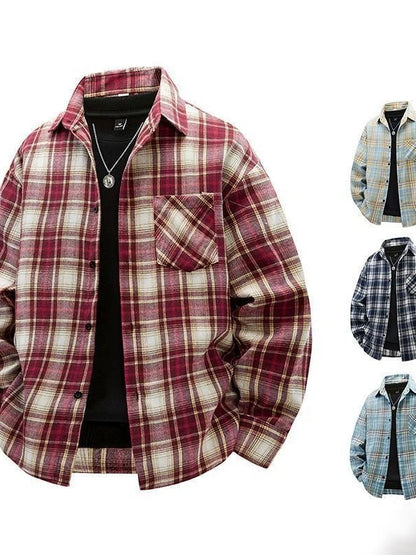 Japanese Style Plaid Long Sleeve Cotton Shirt Men's Retro Autumn Spring Outerwear Casual Loose Fit Print Shirt for Youth