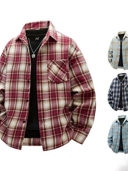 Japanese Style Plaid Long Sleeve Cotton Shirt Men's Retro Autumn Spring Outerwear Casual Loose Fit Print Shirt for Youth