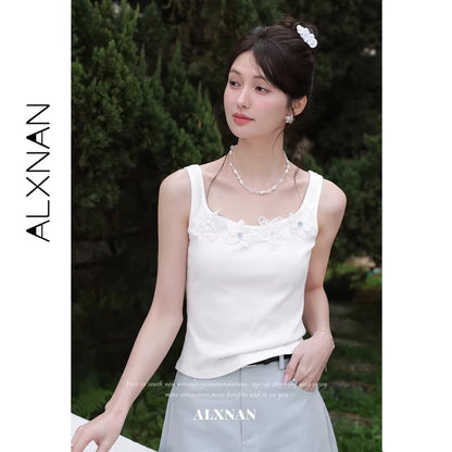 ALXNAN White Tank Tops Women 3D Floral Design Elegant Square Neck Camisole Summer Casual Cotton Female Sleeveless Tops L62833