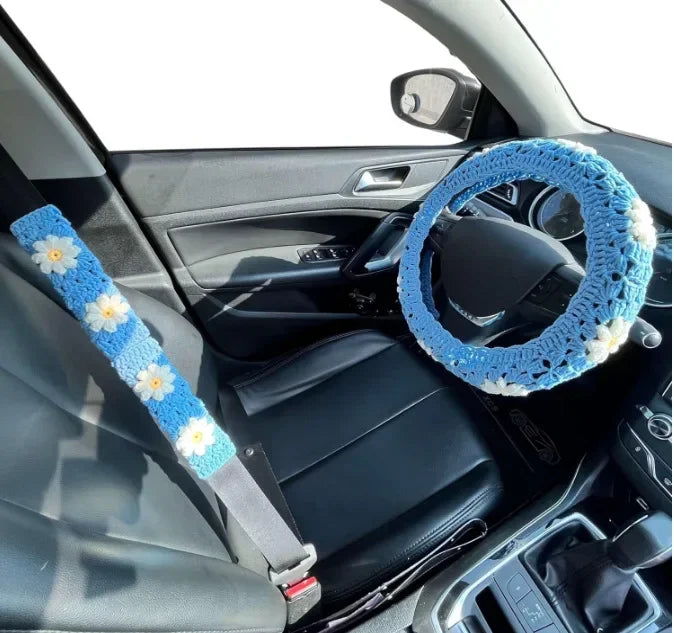 Warm Anti-Slip Hand Crocheted Flower Car Steering Wheel Cover Simple Stylish Winter Car Decor Safe Driving Seat Belt Accessory