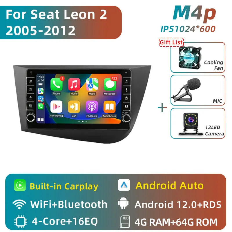 Jundof 2 Din Android 12 For Seat Leon 2 MK2 2005-2012 Car Radio Multimedia Video Player Carplay Stereo Autoradio DVD IPS Screen