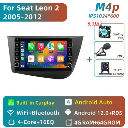 Jundof 2 Din Android 12 For Seat Leon 2 MK2 2005-2012 Car Radio Multimedia Video Player Carplay Stereo Autoradio DVD IPS Screen