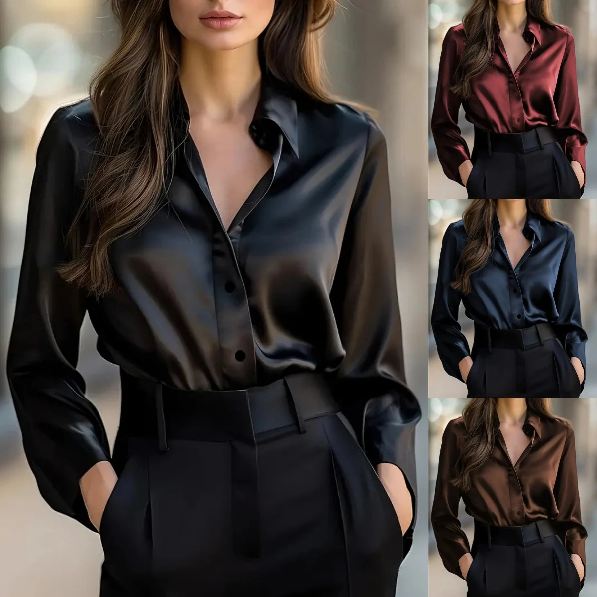 Elegant Black Satin Long Sleeve Blouse for Women  Button-Up Collar Shirt Perfect for Casual or Professional Wear