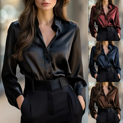 Elegant Black Satin Long Sleeve Blouse for Women  Button-Up Collar Shirt Perfect for Casual or Professional Wear