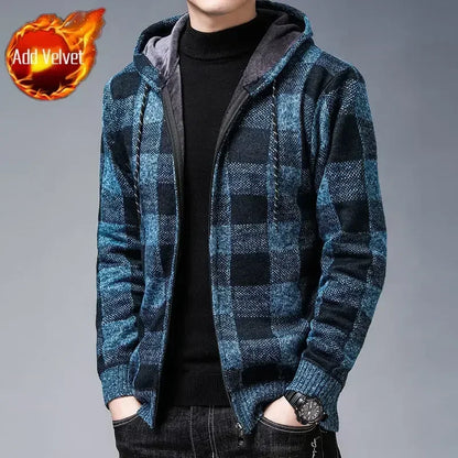 Knit Sweater Male Zipper Plaid Men's Clothing Cardigan Hoodies Zip-up Thick Winter Red Tops Jumpers Casual Stylish Hot Cheap A