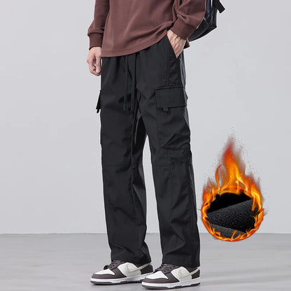 Men's Fleece Cargo Pants Winter Fashion Casual Pants Large Pockets Loose Velvet Trousers Male Plush Thickened Warm Pants
