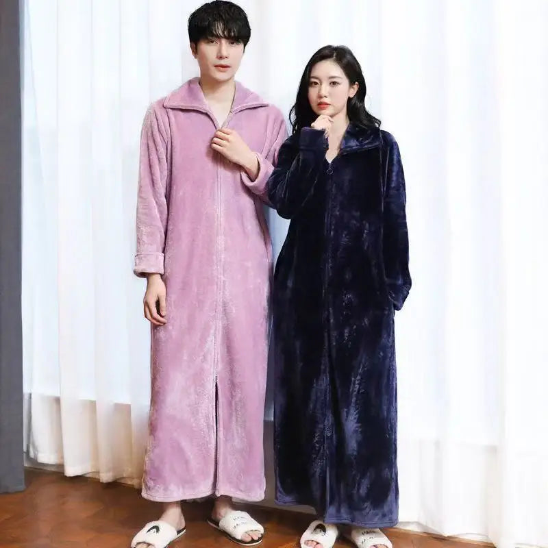 2025 New Flannel Zipper Nightgown Men Women Double-sided Thicken Flannel Pajamas Solid Color Couples One-piece Home Sleeprobe
