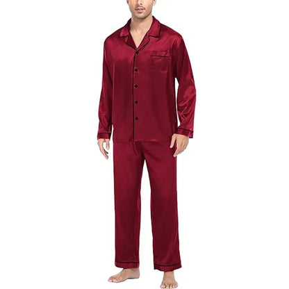 New Plus Size Solid Color Long Sleeve Pajamas Men's Artificial Silk Sleepwear Student Loungewear Cardigan Lapel Nightwear Set