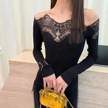French Style Lace Trim Shoulder Bridesmaid Long Sleeve Slim Fit Base Shirt Women's Autumn Winter Fashionable Shoulder Bared Top
