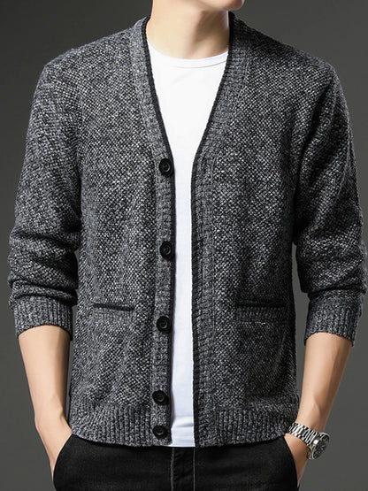 Men's Fleece Lined Knit Cardigan, V-Neck Button Sweater Jacket, Warm Casual Business Knitwear Coat for Autumn Winter