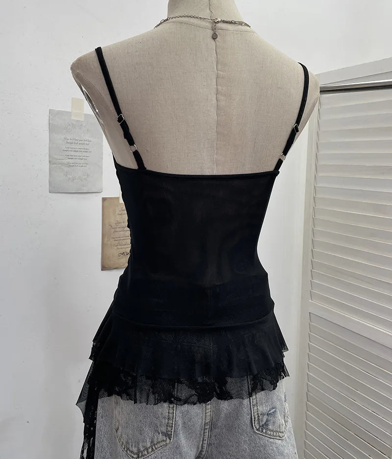 ISAROSE Summer Y2K Camisole for Women Casual Spaghetti Straps Double Layers Lace Stretch Mesh Patchwork Asymmetrical Slim Tops