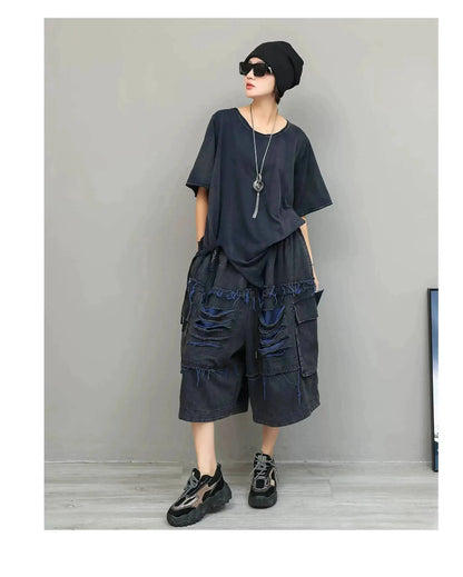 Trendy Cool Fashion Top Women Distressed Asymmetrical Mid-length T-shirt Loose LX5861