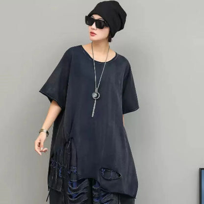 Trendy Cool Fashion Top Women Distressed Asymmetrical Mid-length T-shirt Loose LX5861