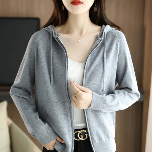 Explosions Women's Hooded Padded Long-Sleeved Sweater Cardigan Sweater Coat Beige Loose Zipper Coat Jacket