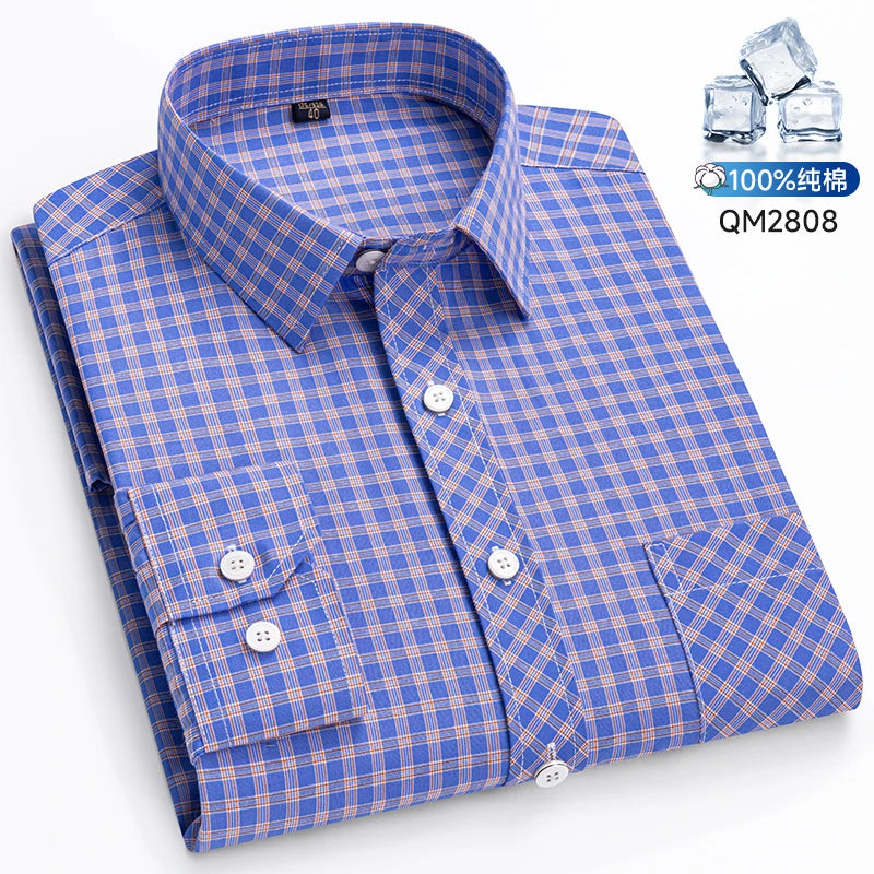 The New Men's Long-Sleeved Shirt Is Cool and Casual. It's a Thin, All-Cotton, Streetwear Checkered Style for Spring and Summer