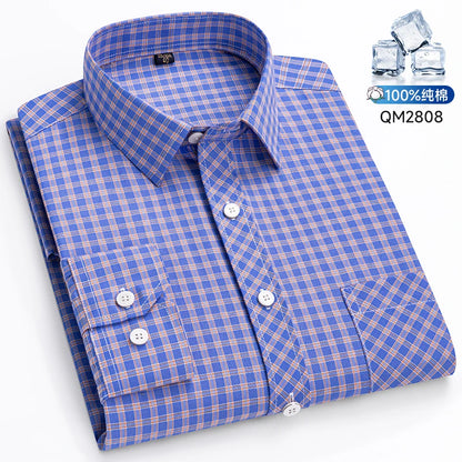 The New Men's Long-Sleeved Shirt Is Cool and Casual. It's a Thin, All-Cotton, Streetwear Checkered Style for Spring and Summer