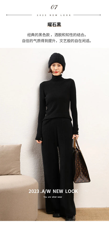 Women's 100% Cashmere Wide Leg Pants Knitted Thick Autumn/Winter Casual Solid Color Elastic Waistband Pockets