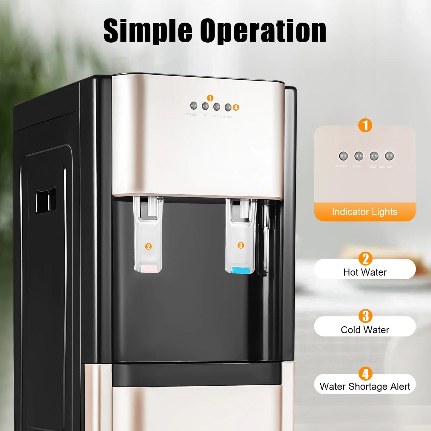 Water Dispenser Hot Cold Water Cooler Dispenser Bottom Loading Fast 0.16GalH 450W Heating 70W Cooling 304 Stainless Steel 110V US Plug No Assembly Gold