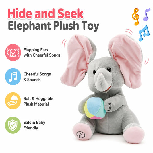 Hide and Seek Elephant Plush Toy,Flapping Ears with Cheerful Songs, Soft Soothing Stuffed Animal for New Born Baby Gift for Kids