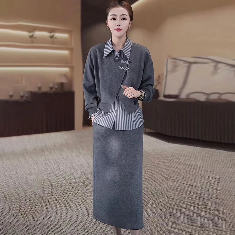 Fashionable Fake Two-Piece Hoodie Split  Skirt Set Women's Long Sleeve  Collar Polyester Fiber Slimming Design Autumn...