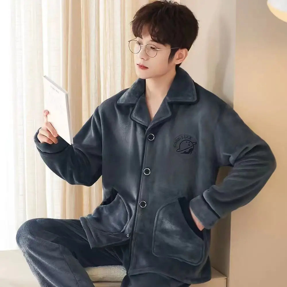Men's Winter Sleepwear Coral Fleece Thickened Flannel Casual Long Sleeve Pajamas Large Size Home Clothes Chinese Style