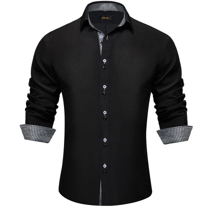 Men's Polyester Cotton Solid Black Shirts Long Sleeve Blue Paisley Patchwork Social Casual Dress Shirt Elegant Men Clothing