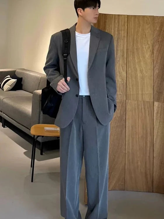 American Deep Grey Shoulder Padded Men's Casual Suit Two-Piece Set Non-Ironing Leisure Single West Casual Pants Long Pants