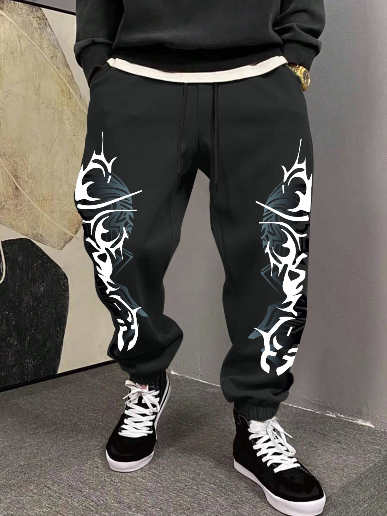Men's Gothic Double Side Thorn Tribal Abstract Print Sweatpants Elastic Waist Soft Fabric Dark Punk Street Hip Hop Joggers
